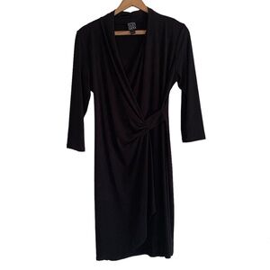 Clara Sun Woo Black Faux Wrap Sheath Bodycon Dress Sz Small 3/4 Sleeve Stretchy